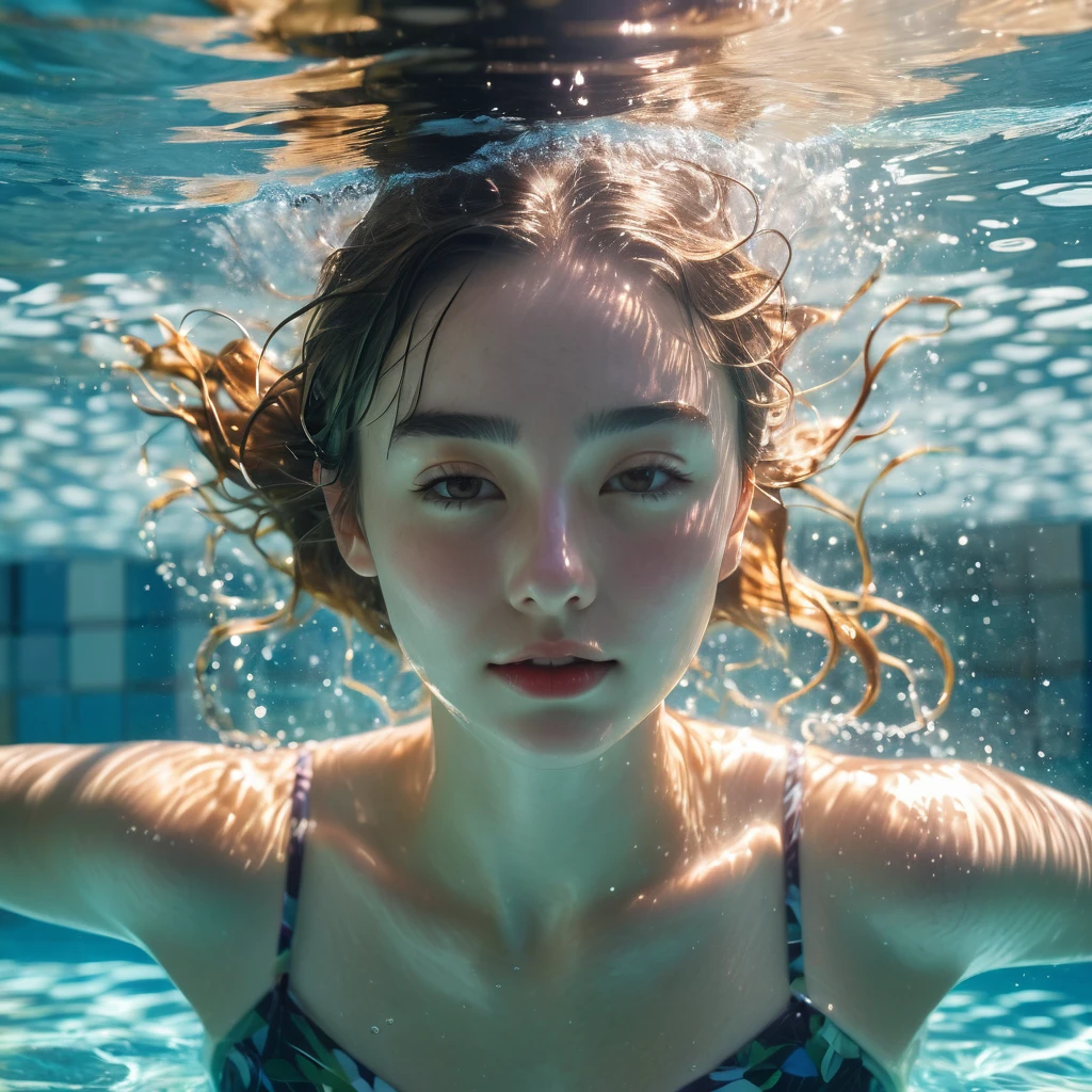Beautiful girl soaks in pool to cool off during June heat wave,(Close-up of whole head submerged in water.The moment of jumping out of the water)Surrounded by dazzling afternoon light, shadows and water ripples,The whole scene looks lazy and exudes a romantic, relaxed and elegant aesthetic.。