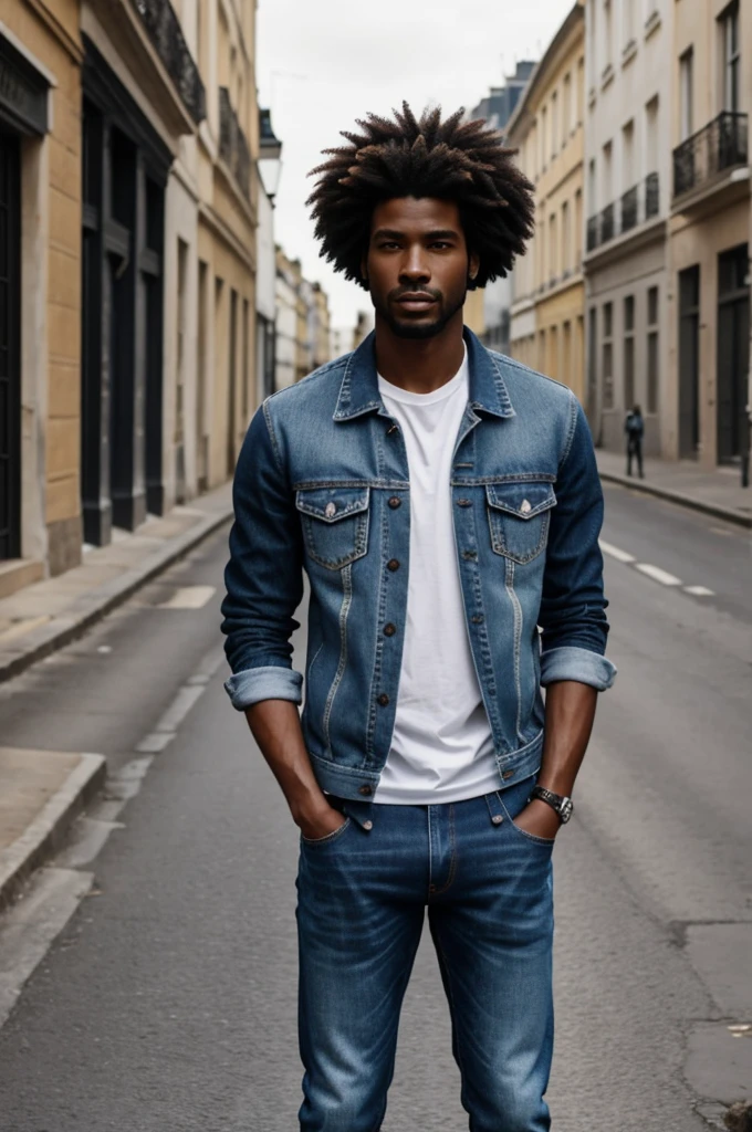 meilleure qualité 4K ),original, 1 homme, Un bel homme à la peau foncée black , Homme afro-américain aux cheveux naturels, cheveux courts noir , coupe à la mode, nez ;ébène, reel , grand, masculin, vêtu de vêtements urbains bleus et un jean , le style est une , de 22ans