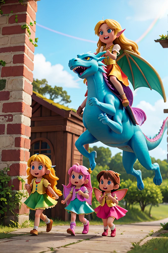 a rainbow-colored dragon riding two little girls, one of them is a fairy, the other a human with long golden hair and light blue eyes
two girls