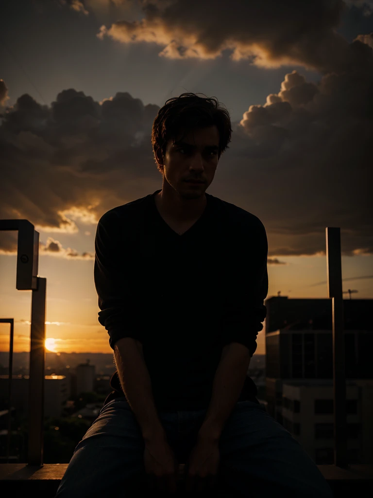 A guy sitting alone, dramatic lighting, sunset