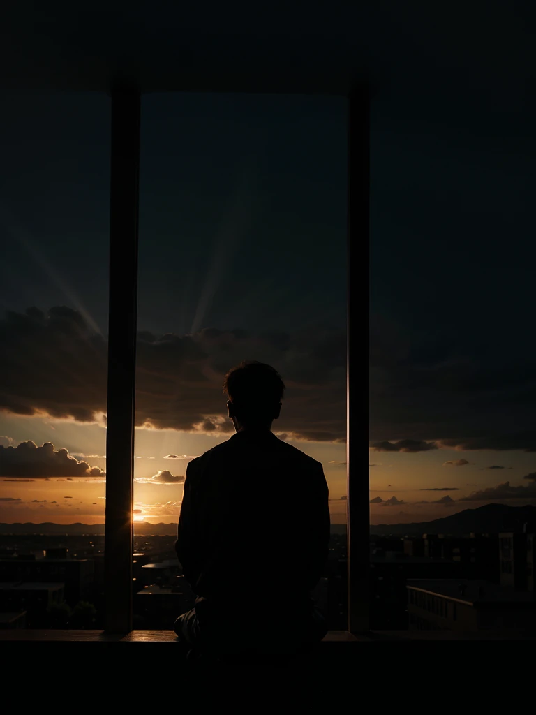 A guy sitting alone, dramatic lighting, sunset