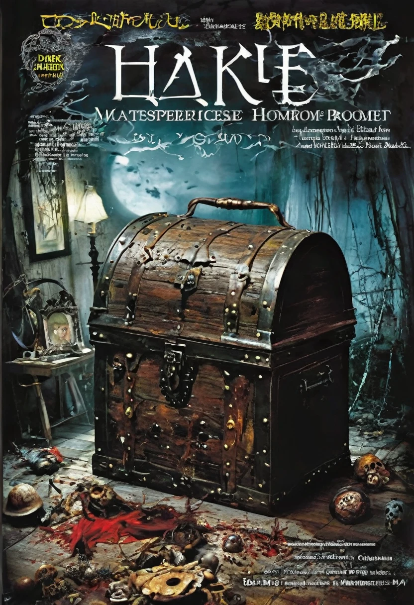 Magazine cover(masterpiece, best quality:1.2), There is a horror treasure chest in the room（（Horror atmosphere））dark（HD）（（best quality））， （（Surrealism））