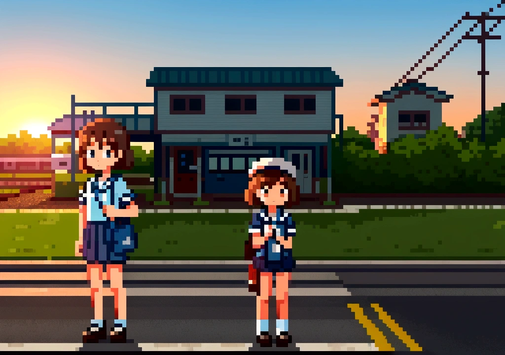 Create 3D Pixar-style cartoon scenes, summer,Rural railroad crossing,Wearing a sailor uniform,I have a bag,The girl in front of me,Watching a train pass by,Waiting for the crossing to open.Standing at the back of the railroad crossing,Standing facing forward and waiting,Sunset,Not standing on the station platform.