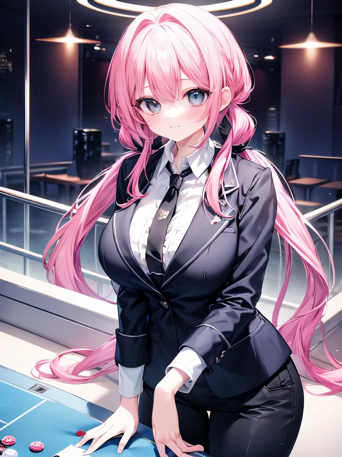 Best Quality,Beautiful Eyes,Very cute face,Beautiful Anime Girl,(Solo Girl),(gigantic breasts),(large breasts),(huge breasts),(big breasts),(mega breasts),(Pink hair),(low twintails:1.4),(Light blue eyes),Very happy smile,BREAK,(Black business suit,Black suit jacket,White shirt,Black suit pants,Black tie,Covered breasts),Glittering Casino,Poker Table,Slots lined up,Luxurious chandelier,Cowboy Shot