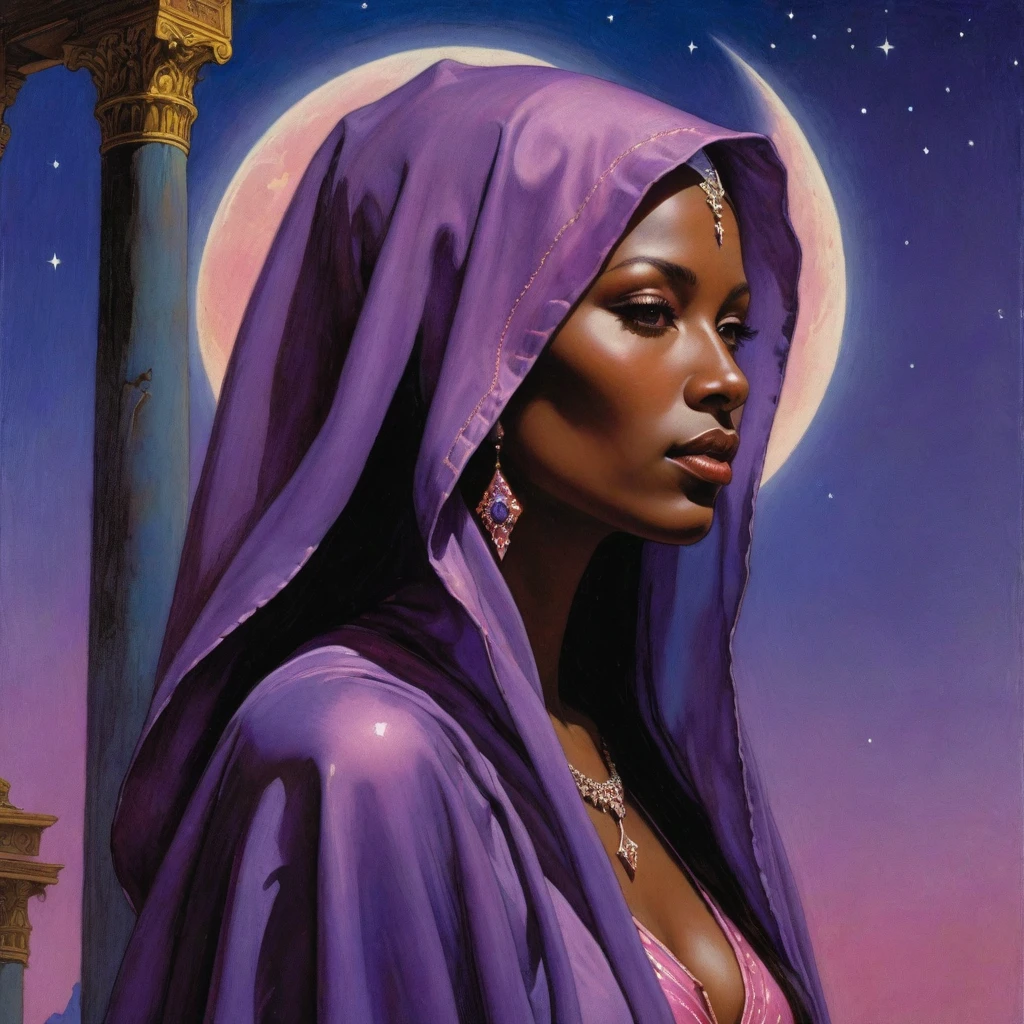 Masterpiece, (realistic), (propaganda poster), ((Moebius Jean Giraud)), (((haughty upright profile portrait of a veiled drow woman, young, priestess, sensual, imposing, dignified, proud, arrogant, wearing silk, purple and pink robes with detailed crecent moon, star elements))), ((Corinthian columns, dusk background, fireflies))