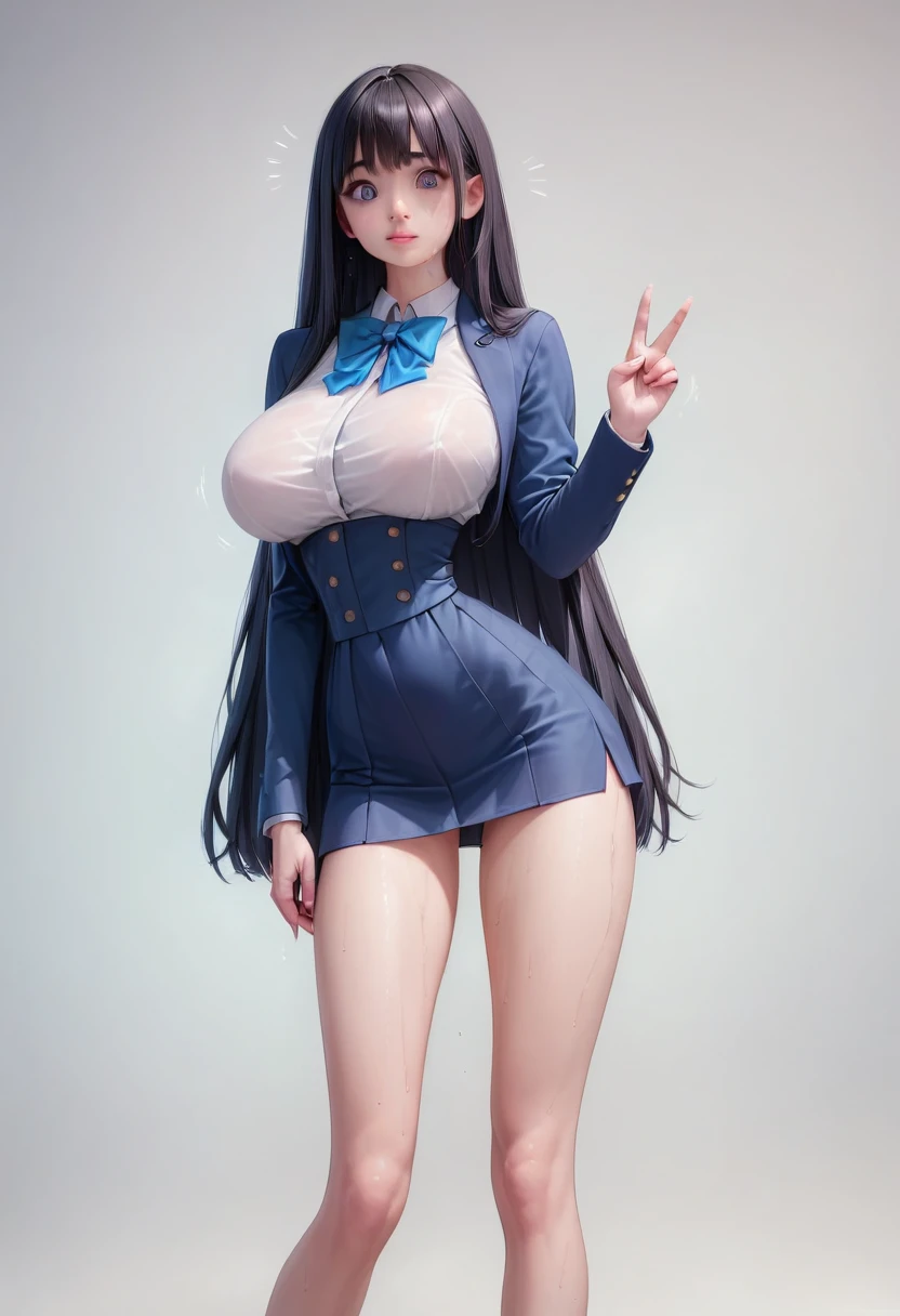 (masterpiece, best quality:1.2), front shot, 1girl, kawaii, (super big breasts, micro waist, very long legs:1.3), Black hair, midium bob hair, short height, scrawny and thin body, Light Skin, cute big eyes, cute beautiful thin face, miniskirt, blazer, pigeon-toed, wet and sweaty, big visible ribs, V sign, Trembling, Realistic