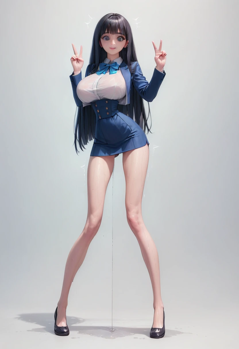 (masterpiece, best quality:1.2), front shot, 1girl, kawaii, (super big breasts, micro waist, very long legs:1.3), Black hair, midium bob hair, short height, scrawny and thin body, Light Skin, cute big eyes, cute beautiful thin face, miniskirt, blazer, pigeon-toed, wet and sweaty, big visible ribs, V sign, Trembling, Realistic