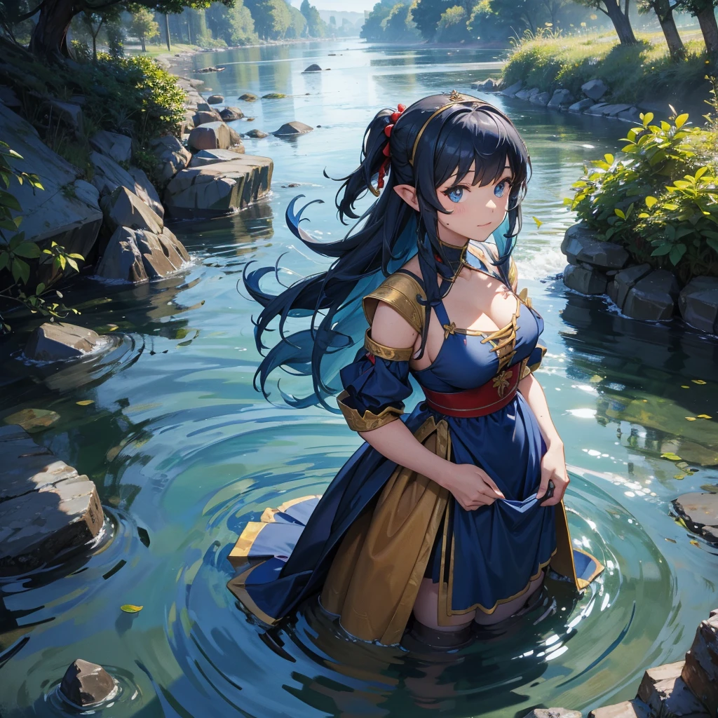 water dwarf creature in the river, female with medieval dress
