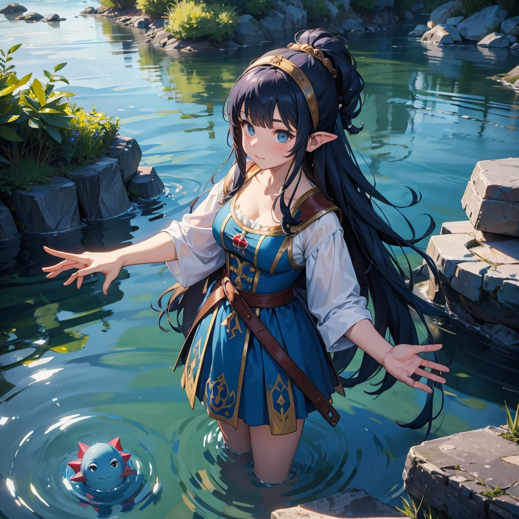 water dwarf creature in the river, female with medieval dress