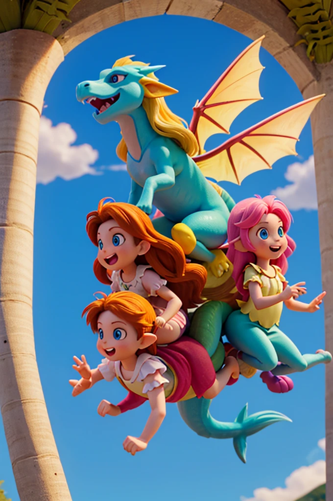 a rainbow-colored dragon riding two little girls, one of them is a fairy, the other a human with long golden hair and light blue eyes two girls