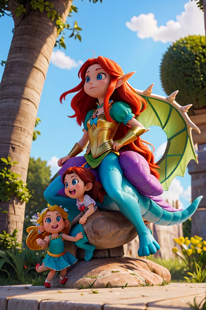 a rainbow-colored dragon riding two little girls, one of them is a fairy, the other a human with long golden hair and light blue eyes two girls
