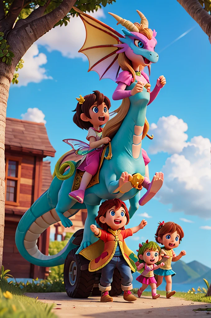 a rainbow-colored dragon riding two little girls, one of them is a fairy, the other a human with long golden hair and light blue eyes two girls
