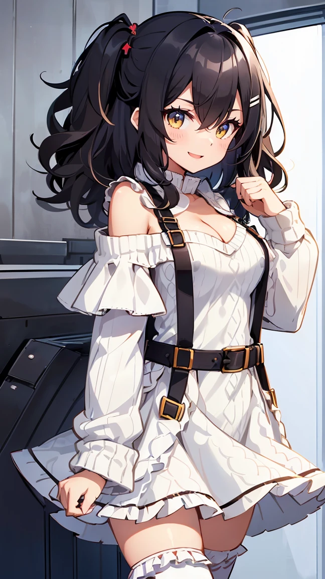 dress,1girl with((bare belt, black hair, (long wavy hair:1.35), (one side up:1.55), (tits cleavage:1.15), (breasts close up:1.15), (white knit sweater:1.2), camisole, exposed breasts, eyebrows visible through hair, hair between eyes, long sleeves, suspenders, (blue clothes:1.05), looking at viewer, off shoulder, shirt, single thighhigh, solo, thighhighs, white legwear, white shirt, off-shoulder dress, frilled skirt, belt buckle, buckle, frills, medium hair,frilled dress,frilled shirt))