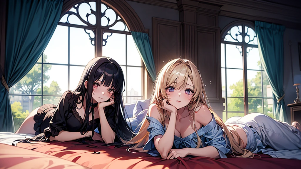 Anime image of two girls lying in bed with a window in the background, Anime drawing by Kamaguruka, Pixiv, Gothic art, Two beautiful anime girls, everyone, from Girls' Frontline, trending on artstation Pixiv, Fine details. Girls' Frontline, guweiz on Pixiv artstation, guweiz on artstation Pixiv、((different colored dresses、(High heels)))、(smile)、(Close-up photo of the upper body)、High angle、Look Up、Photo with white border、lie down、looking at the camera、((Biologically correct limb count))、((whole body including face))、4K、Masterpiece、((Focus on the face))、((Symmetrical, well-proportioned facial features))、Eyes with delicate depictions