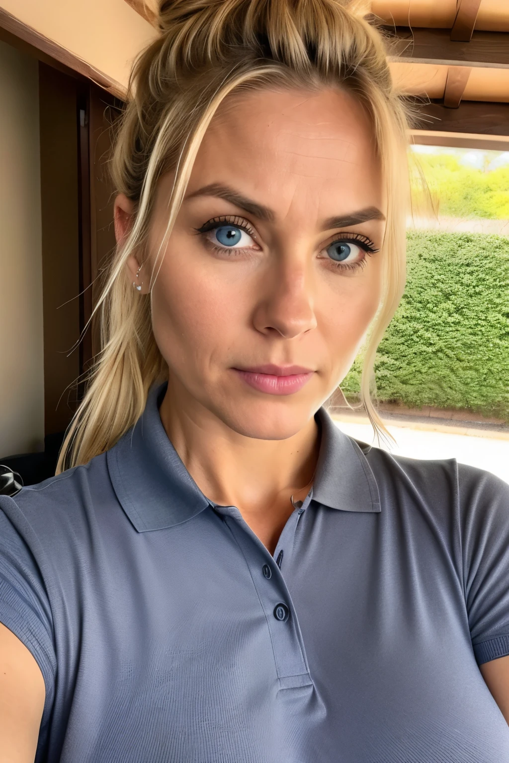 beautiful woman of 45 years old with blue eyes, blond with brown roots, hair in bun with tendrils, looking directly at the camera, very realistic, instagram selfie, closeup face, at home, dark blue tight polo tucked, high-waist beige/brown suitpants, clothes tight against body, clothes too tight, film grain, fit muscular body, big breasts, focus on face, clothes too tight, disappointed in viewer, angry eyes, dominating look