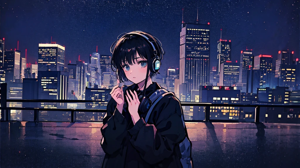 Black short Hair, Black Clothing, One Adult Woman Looking Sideways ,Blue headphones、 City of night, Delicate background、Masterpiece、Night Town、night、dark、Nostalgic、レコードプレーヤー