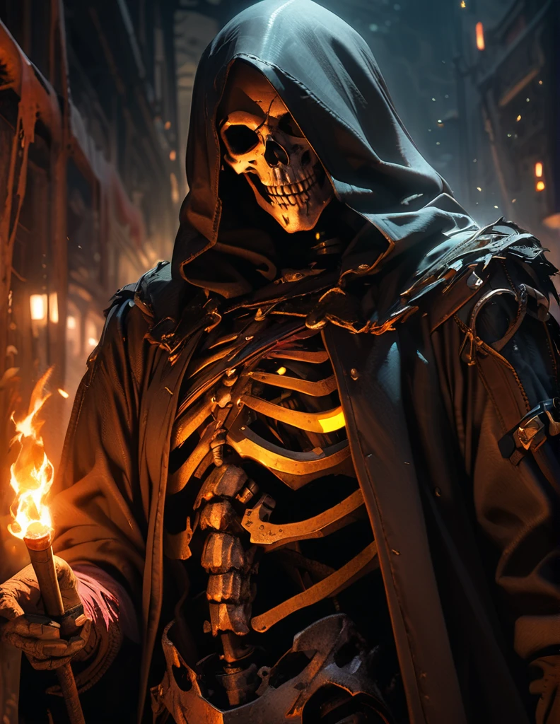 quality(8k wallpaper of extremely detailed CG unit, masterpiece, hight resolution, top-quality, top-quality ,hyper realisitic, digitial painting,increase the resolution,RAW photos,best qualtiy,highly detailed,the wallpaper),BREAK,8K, reaper, skeletons , horror look, dark place, torches, green glowing lights, undead,