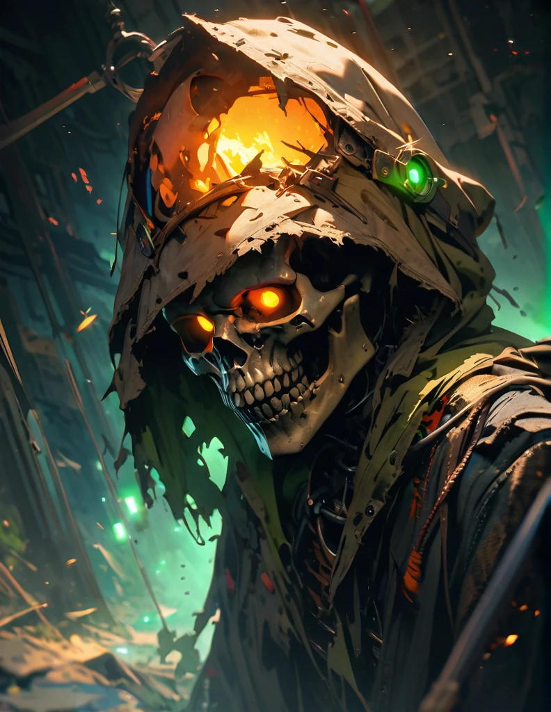 quality(8k wallpaper of extremely detailed CG unit, masterpiece, hight resolution, top-quality, top-quality ,hyper realisitic, digitial painting,increase the resolution,RAW photos,best qualtiy,highly detailed,the wallpaper),BREAK,8K, reaper, skeletons , horror look, dark place, torches, green glowing lights, undead,