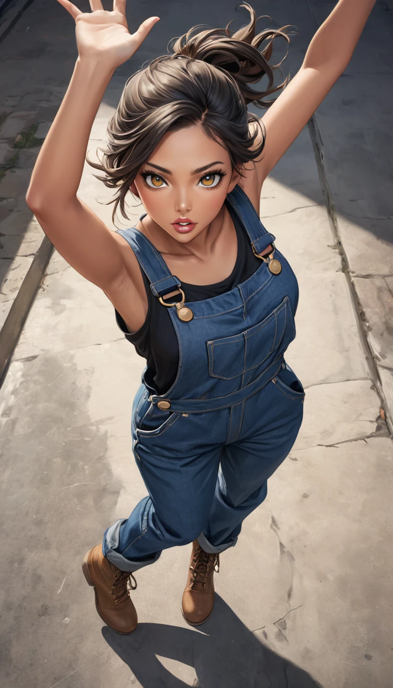 High-resolution image, masterpiece, full-body image, glamorous beauty with hair standing on end in the wind, double eyelids and sharp eyes, thick lips, realistic texture of tanned skin, loose overalls, sleeveless, boots on bare feet, gesture of jumping on the spot with both hands raised, angle from above and in the front, photorealistic, ink-colored background
