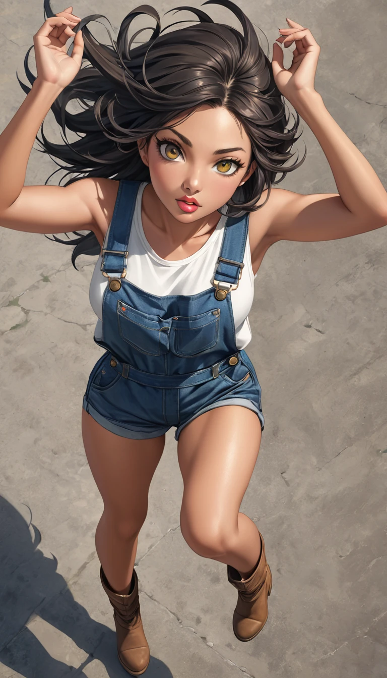 High-resolution image, masterpiece, full-body image, glamorous beauty with hair standing on end in the wind, double eyelids and sharp eyes, thick lips, realistic texture of tanned skin, loose overalls, sleeveless, boots on bare feet, gesture of jumping on the spot with both hands raised, angle from above and in the front, photorealistic, ink-colored background