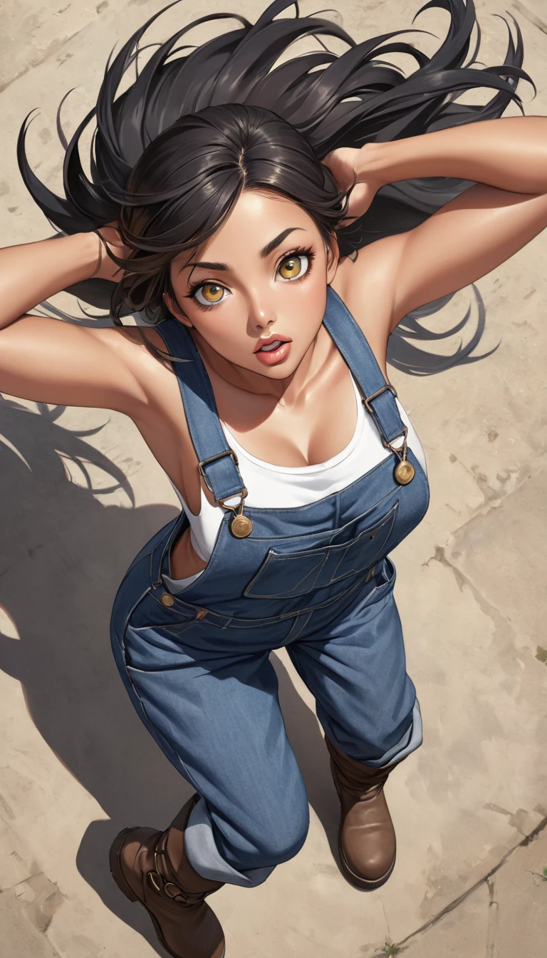 High-resolution image, masterpiece, full-body image, glamorous beauty with hair standing on end in the wind, double eyelids and sharp eyes, thick lips, realistic texture of tanned skin, loose overalls, sleeveless, boots on bare feet, gesture of jumping on the spot with both hands raised, angle from above and in the front, photorealistic, ink-colored background