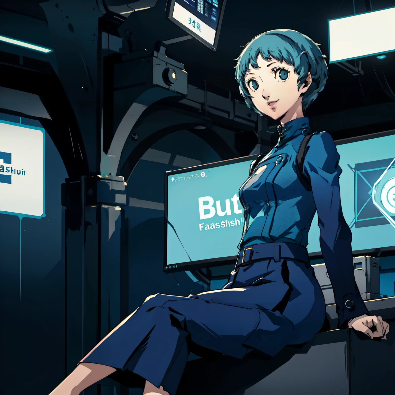 ((P3 Yamagishi Fuuka)),masterpiece, ((best quality)),((1 girl)), blue eyes, light aqua hair, female , tomboy Pixie haircut, deep blue suit,smiling,hacker,in the,dark room,sitting,looking monitor,long skirt,cute
