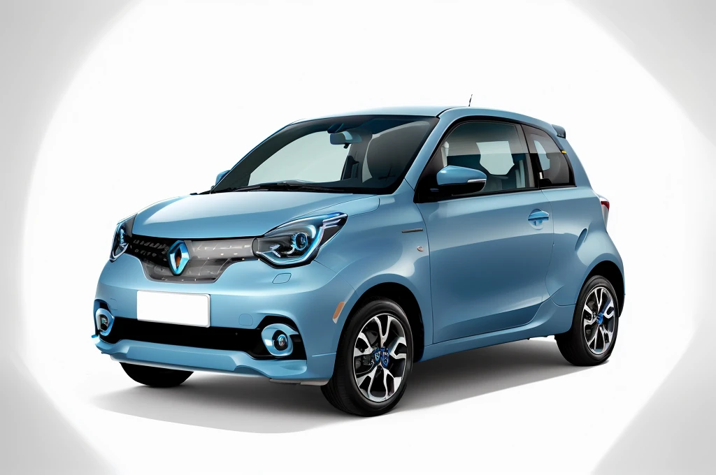 Close-up of a small blue car on a white background, Karma Electric Vehicle, clever, You were, Car panorama, clever looking, IQ 4, 无限-d-Rendering, Pure and clean design, Flower Moon, renault ultimo, Hybrids, Full Vehicle, author:Julian Allen, Rendering, Pure and clean, Round head