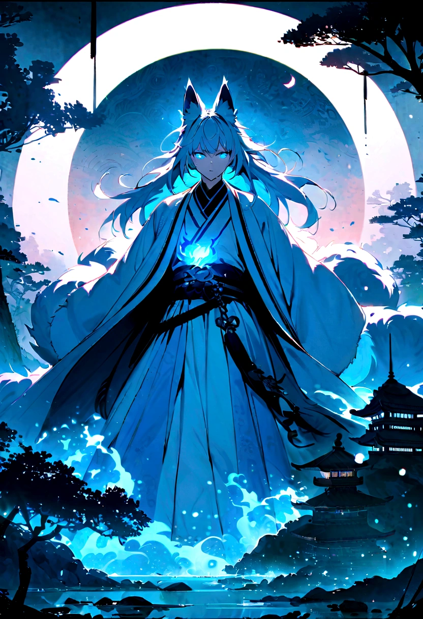 fox Light blue hair 　beast boy们　Indigo fur　fox beast boy们　fox Light blue hair 　beast boy们　Indigo fur　fox beast boy们　Wallpaper 4k,8K,Very detailed,Vibrant colors,water glow,Black silhouette of a pagoda,Faint moonlight,Dense forest,Ethereal atmosphere,Dappled sunlight,excellent,Calm expression,Exquisite Hanfu and belt,Exquisite hand-painted details,Glowing eyes　Anime style　fox　blue　White-Faced golden-haired nine-tailed fox　Coat blue　　Face　Mysterious Background　Blue flame　boy　有一个光球 Anime style　fox　blue　White-Faced golden-haired nine-tailed fox　Coat blue　　　Mysterious Background　Blue flame　boy们　有一个光球 正Face 靛蓝眼睛