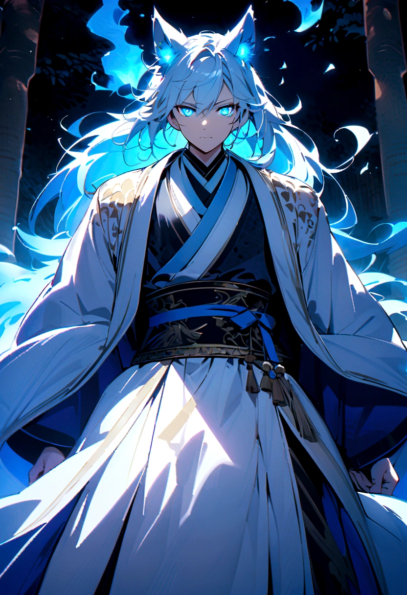 fox Light blue hair 　beast boy们　Indigo fur　fox beast boy们　fox Light blue hair 　beast boy们　Indigo fur　fox beast boy们　Wallpaper 4k,8K,Very detailed,Vibrant colors,water glow,Black silhouette of a pagoda,Faint moonlight,Dense forest,Ethereal atmosphere,Dappled sunlight,excellent,Calm expression,Exquisite Hanfu and belt,Exquisite hand-painted details,Glowing eyes　Anime style　fox　blue　White-Faced golden-haired nine-tailed fox　Coat blue　　Face　Mysterious Background　Blue flame　boy　有一个光球 Anime style　fox　blue　White-Faced golden-haired nine-tailed fox　Coat blue　　　Mysterious Background　Blue flame　boy们　有一个光球 正Face 靛蓝眼睛