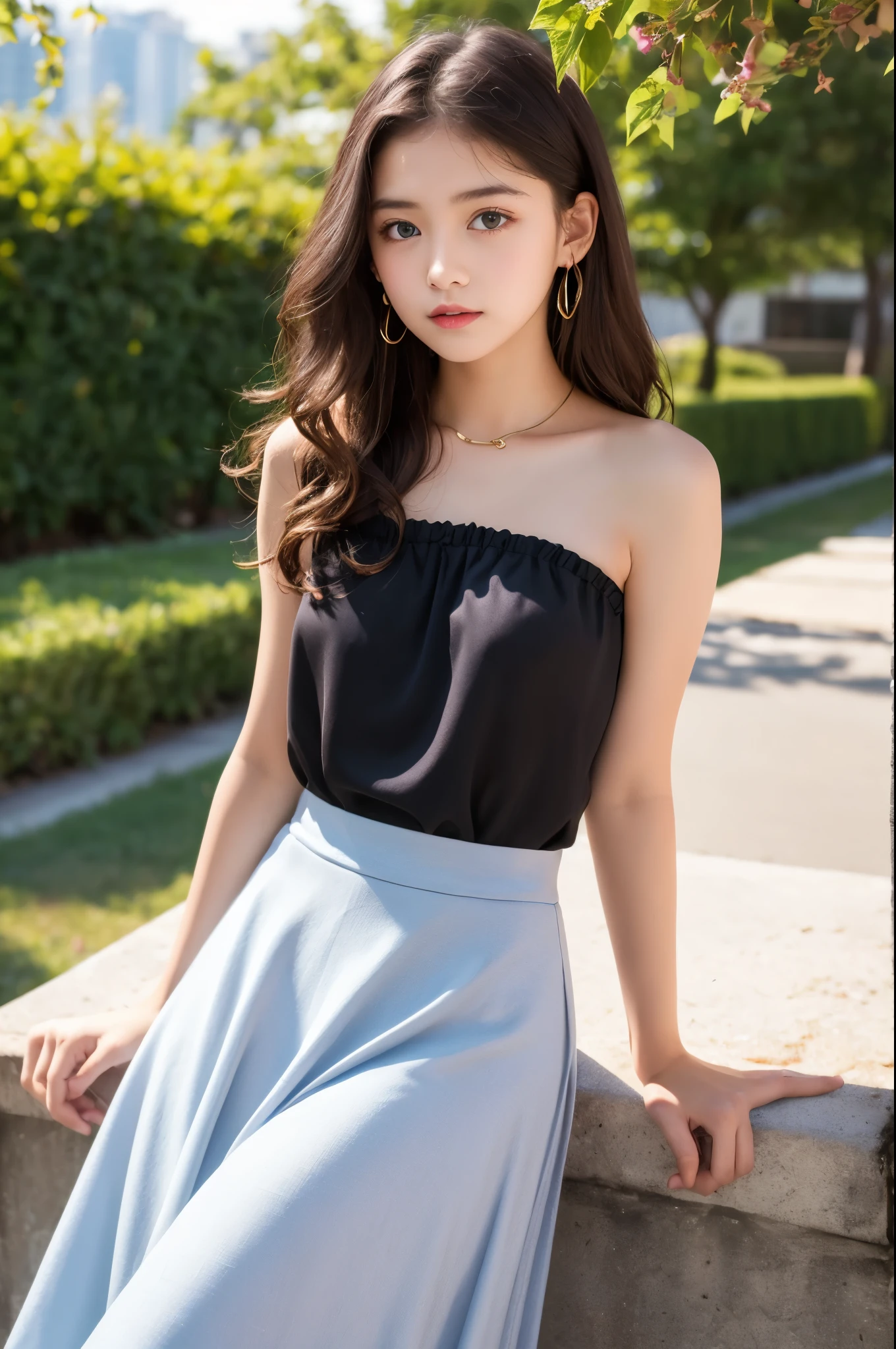 Professional, (4k photos:1.1) 、((Preteen)), masterpiece, Highest quality, beautiful girl, Curly Hair, Long Hair, Purple eyes, Strapless blouse, Long skirt