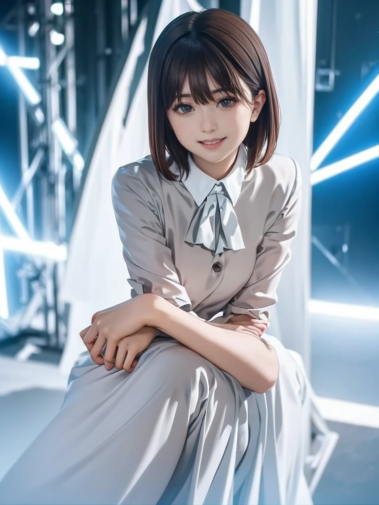(Very detailedな CG Unity 8k 壁紙, Highest quality, Very detailed, Looking into the camera:1.2, The light shines on your face:1.5, Gray background, Professional Lighting), Japanese women, 26 years old, Brightly lit upper body composition of a face. She has an oval face, Soft arched eyebrows, bright expressive eyes,,, pronounced nose, And a friendly smile. Her hair is shoulder-length, straight, Dyed a pale chestnut color. She is wearing a smart casual blouse, Probably soft colors, Pair it with a chic blazer, Embody her lively and sociable personality