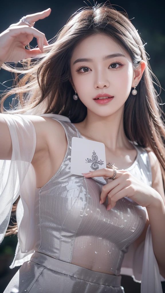 Masterpiece best night full moon 1 female sister rain sister smile expression silver white long hair woman light pink lips calm intellectual three rings gray eyes assassin short knife, Flowers, Card Details, Finger details,Dance for subject 3,panoramic,whole body,