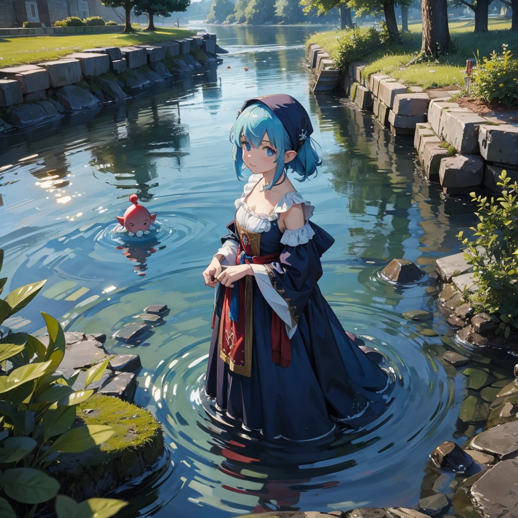 water dwarf creature in the river with medieval dress