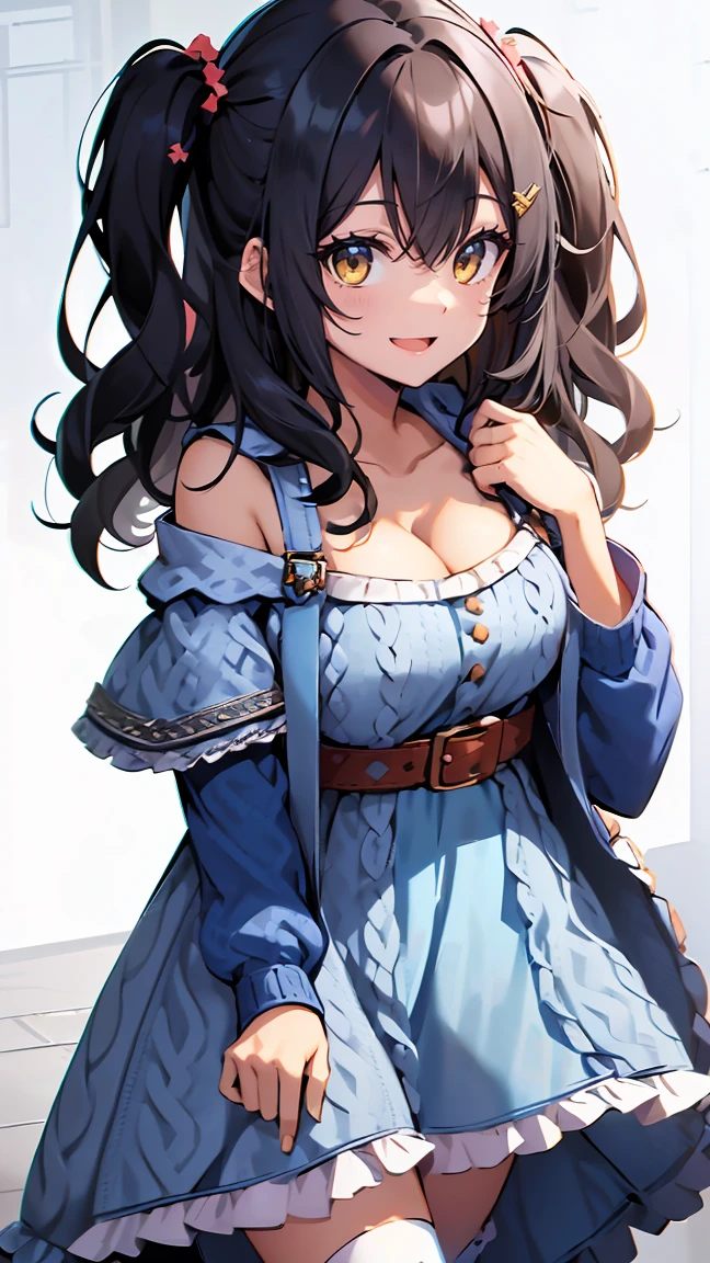 1girl with((black hair, (long wavy hair:1.35), (one side up:1.55), (tits cleavage:1.15), (breasts close up:1.15), (white knit sweater:1.2), camisole, exposed breasts, eyebrows visible through hair, hair between eyes, bare belt, (dress:1.55), long sleeves, suspenders, (blue dress:1.55), looking at viewer, off shoulder, shirt, single thighhigh, solo, thighhighs, white legwear, white shirt, off-shoulder dress, frilled skirt, belt buckle, buckle, frills, medium hair,frilled dress,frilled shirt))