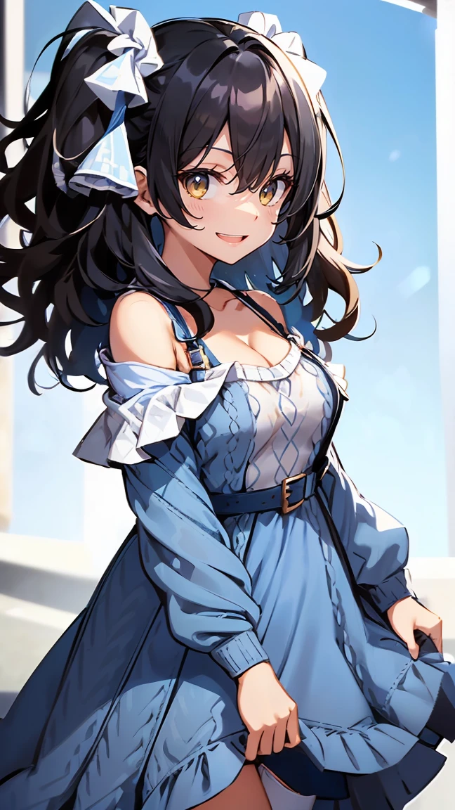 1girl with((black hair, (long wavy hair:1.35), (one side up:1.55), (tits cleavage:1.15), (breasts close up:1.15), (white knit sweater:1.2), camisole, exposed breasts, eyebrows visible through hair, hair between eyes, bare belt, (dress:1.55), long sleeves, suspenders, (blue dress:1.55), looking at viewer, off shoulder, shirt, single thighhigh, solo, thighhighs, white legwear, white shirt, off-shoulder dress, frilled skirt, belt buckle, buckle, frills, medium hair,frilled dress,frilled shirt))