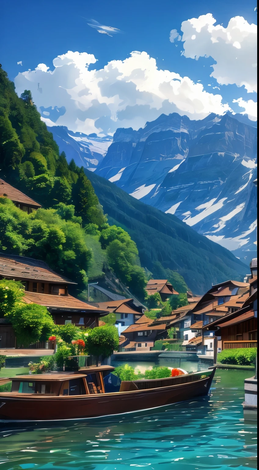 arafed boat on a river with a town in the background, beautiful place, switzerland, very beautiful scenery, very very beautiful scenery, incredibly beautiful, beautiful!!!!!!!!!!!!, very very very beautiful scenery, very extremely beautiful, by Karl Stauffer-Bern, stunning view, river with stunning water, in the swiss alps, paradise in the background