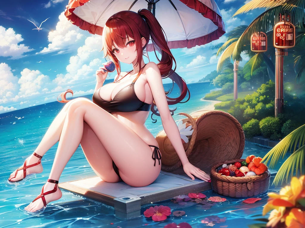 Parasol, food, basket, flip flops, vinyl sheet, Beaches and sands, Calm expression, Perfect hands, elder, Red Hair, The dignity of a 50-year-old, 落ち着きのあるwoman, solo、(Highly detailed background:1.0)、(Highly detailed background:1.0)、masterpiece、Highest quality、(Babes)、Fractal Art、Red eyes、Narrow eyes、Sexy black and red swimsuit, Reddish cheeks、Tropical Sea、From the shoulders up、Recall、smile、One Woman、Three-dimensional clouds、Venice beach, Red long ponytail, Red eyes,スタイリッシュなアクセサリーsolo, Big Breasts, woman, Take-out, Provocative laughter,40 year old woman,Queen of Sadism, Highly detailed background, Great writing style, Sit with both hands outstretched, Splash, Diffuse reflection of light, Perfect Human Medicine, Water breathing, Bare Skin, barefoot, Sweat, 