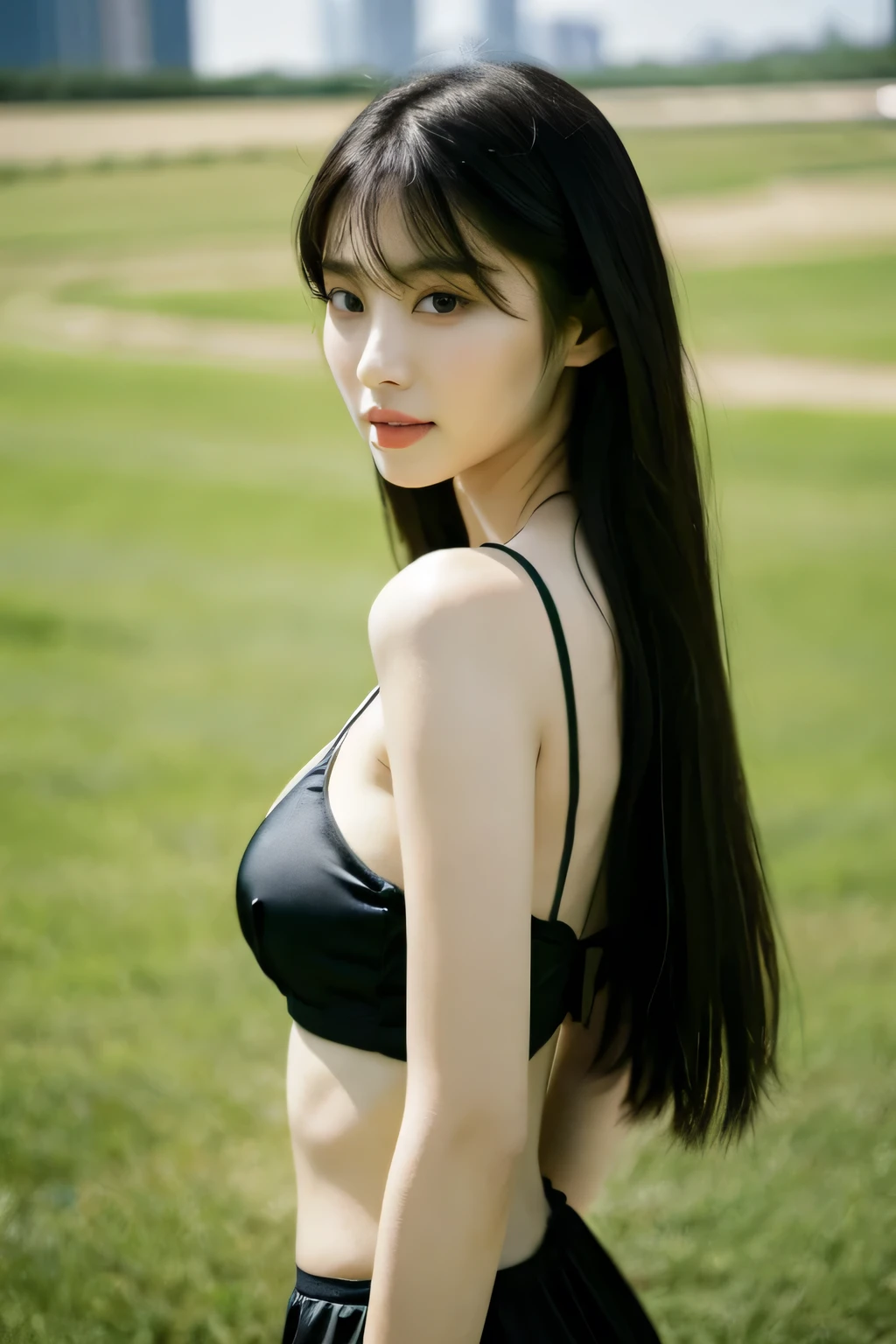 Long haired woman wearing a black dress and green belt, Jaeyeon Nam, Portrait of a Korean female idol, Lee, Ji - Eun, Lee, Ji - Eun, Yoshitomo Nara, Stopping Distance - Minutes, Hwang Si Si, Black haired Ishidaho, Larisa Manova, Chiho,bikini,whole body,whole body사진,Sexy Girl,sexy pose,whole body일어서있는모습,everyday clothes,big breasts,Wangjjijji