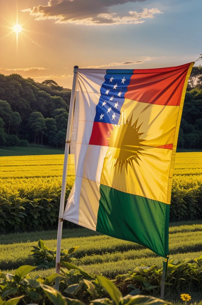 A vibrant flag featuring a golden sun rising over green fields, symbolizing prosperity and hope. 
Generate a flag