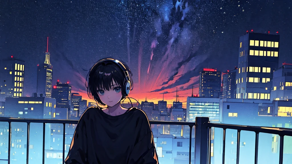 Black short Hair, Black Clothing, One Adult Woman Looking Sideways ,Blue headphones、 City of night, Delicate background、Masterpiece、Night Town、night、dark、Nostalgic、DJ ミキサー