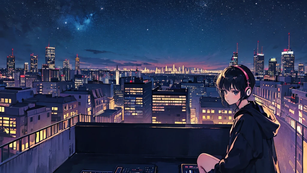 Black short Hair, Black Clothing, One Adult Woman Looking Sideways ,Blue headphones、 City of night, Delicate background、Masterpiece、Night Town、night、dark、Nostalgic、DJ ミキサー