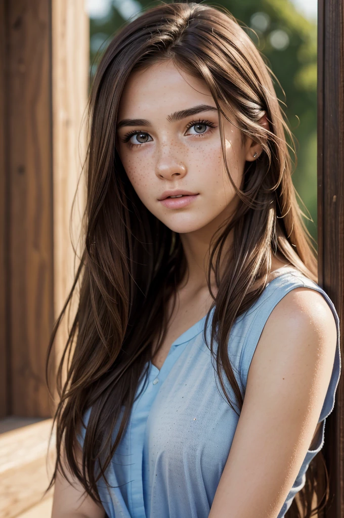 professional, masterpiece, 8 k, Hyper realistic portrait of a 19 year old pretty brunette, long hair, (You look shy:1.3), freckles, detailed face, Detailed skin, photo, headquarters, Photorealistic,
