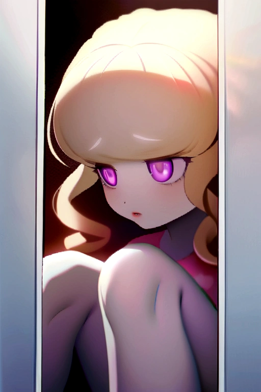 A curly blonde young woman, pale skin with violet eyes and reddish lips, With a pouting expression, wearing a pink My Little Pony top, with lilac panties and white knee-high stockings. 