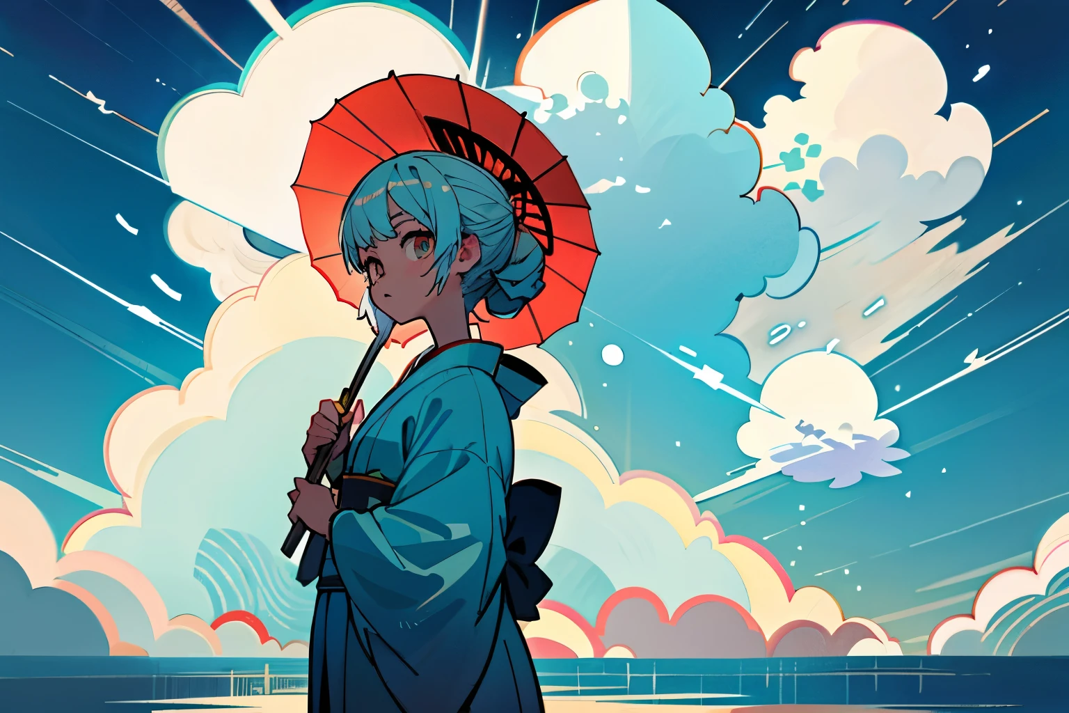Girl in kimono、Fan、summer、ice、cumulonimbus