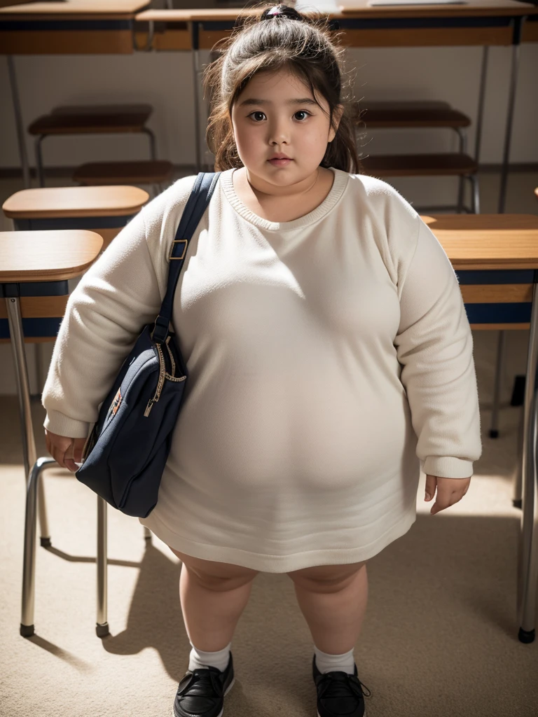 a 10 year old obese girl, chubby cheeks, round face, double chin, thick arms and legs, wearing a , standing in a school setting, realistic, detailed, highly detailed, intricate details, photorealistic, 8k, masterpiece, cinematic lighting, dramatic shadows, vibrant colors