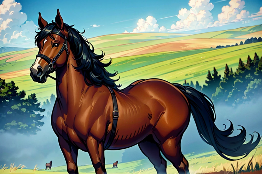  full figured very dark skinned African woman riding a big  Belgian draft horse  mare (side view). big bum. very short tail. horse facing horizon .   flat grass meadow. steaming horse dung behind horse.   cloudless blue sky. 