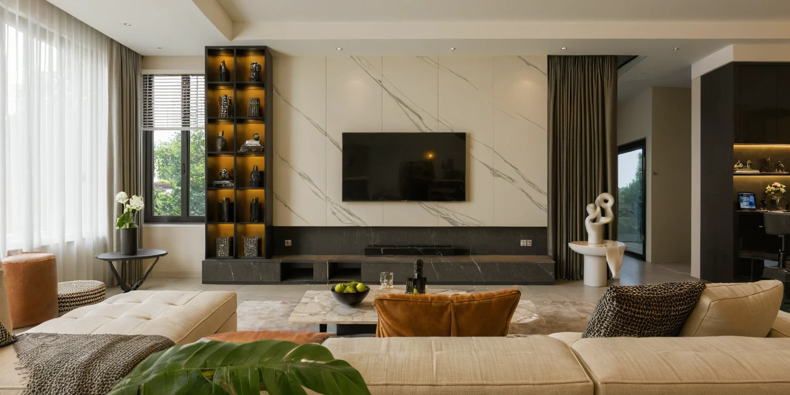 Masterpiece, HD, interior design, TV wall behind the TV, TV wall,French cream style, living room space, sofa, coffee table, green plants, floor-to-ceiling windows, curtains