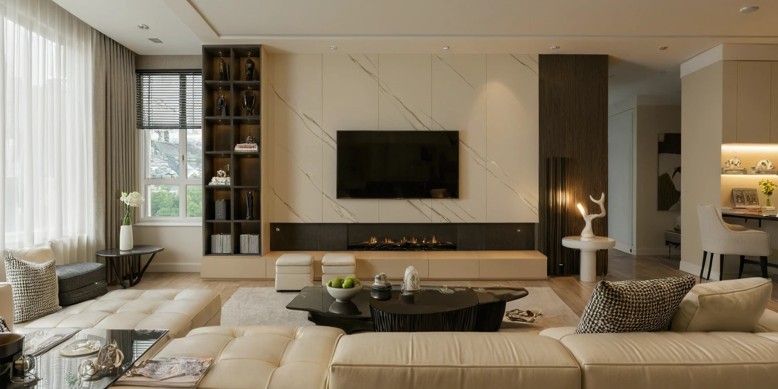 Masterpiece, HD, interior design, TV wall behind the TV, TV wall,French cream style, living room space, sofa, coffee table, green plants, floor-to-ceiling windows, curtains