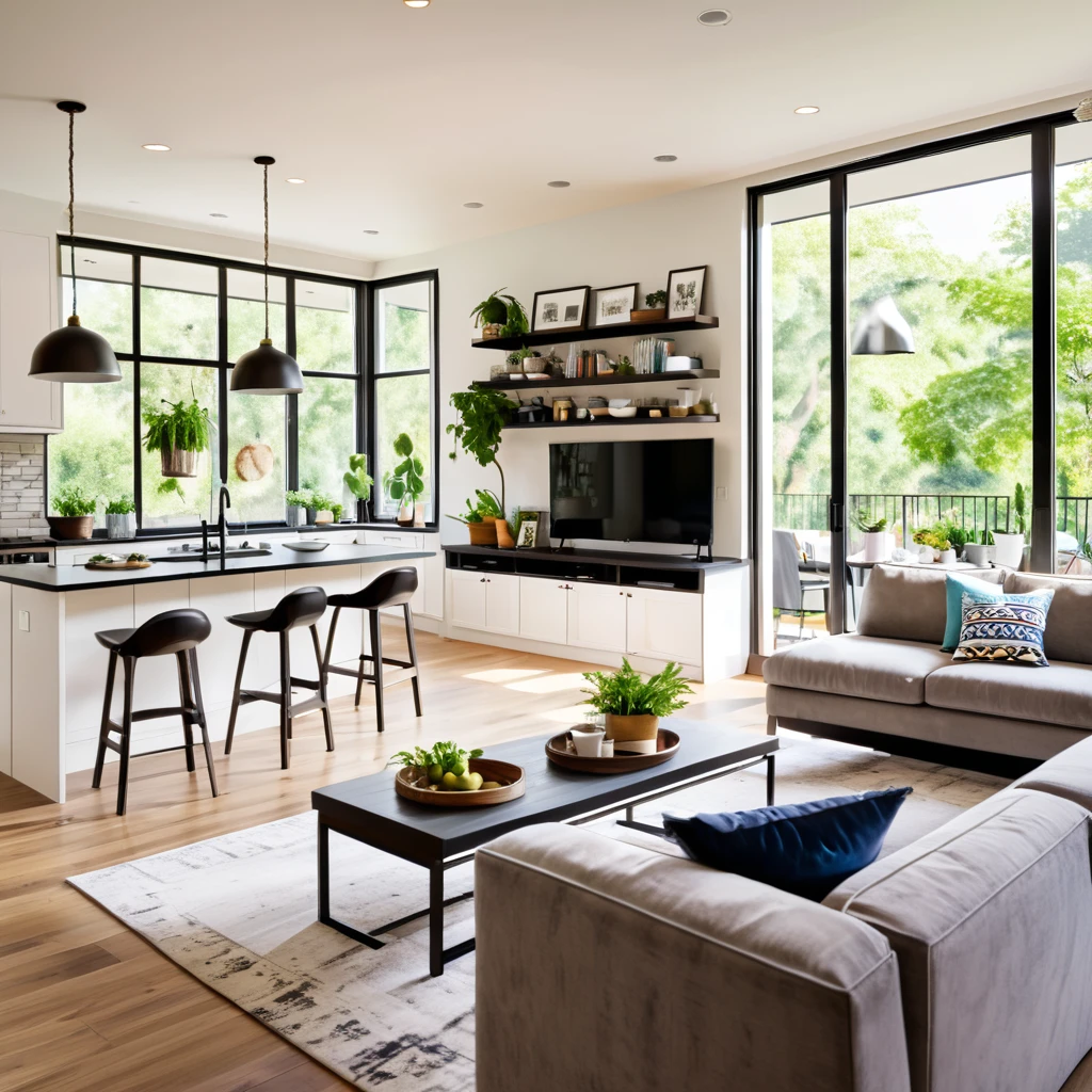 A bright and cozy open-plan living space featuring a modern kitchen and a comfortable living room. The kitchen area has white cabinets, a black countertop, and bar stools for seating. The living room includes a sofa, a coffee table, and a TV, with plenty of plants and decorative elements adding a touch of nature and warmth. The space is well-lit with natural light coming through the windows, creating a welcoming and homey atmosphere.