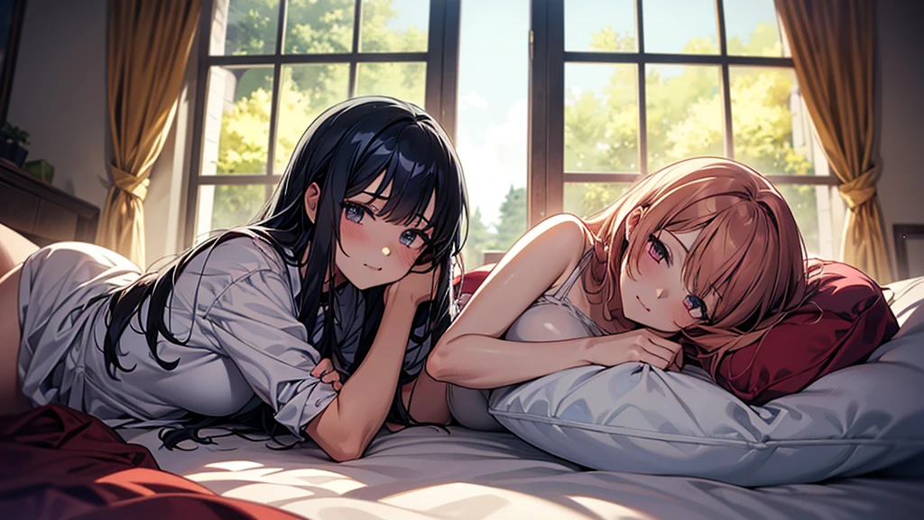 Anime image of two girls lying in bed with a window in the background, Anime drawing by Kamaguruka, Pixiv, Gothic art, Two beautiful anime girls, everyone, from Girls&#39; Frontline, trending on artstation Pixiv, Fine details, guweiz on artstation Pixiv、((different colored dresses、(High heels)))、(smile）、(Close-up photo of the upper body）、High angle、Look Up、Photo with white border、lie down、looking at the camera、((Biologically correct limb count))、((whole body including face))、4K、Masterpiece、((Focus on the face))、((Symmetrical, well-proportioned facial features))、Eyes with delicate depictions